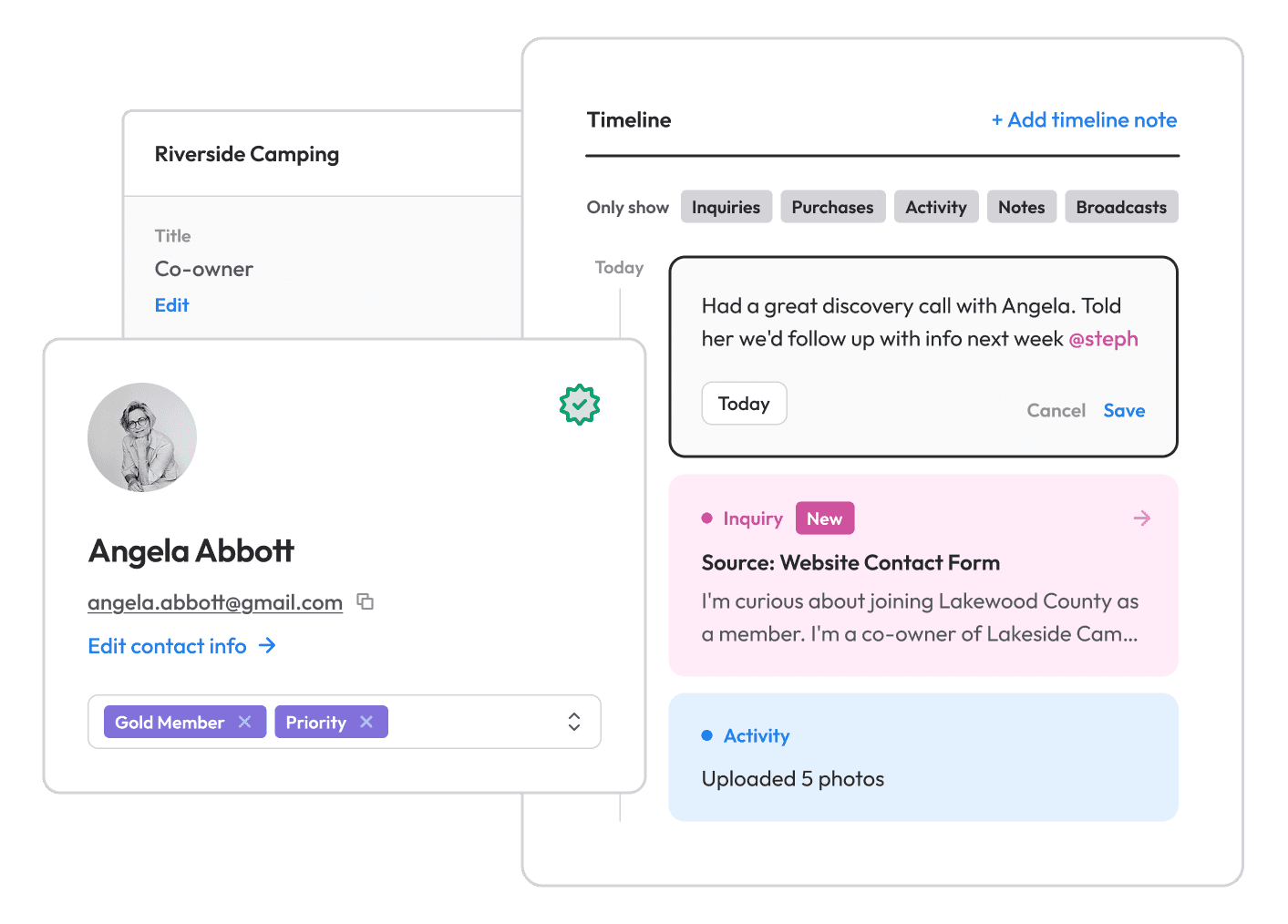 Whereabouts People CRM contact profile with timeline notes